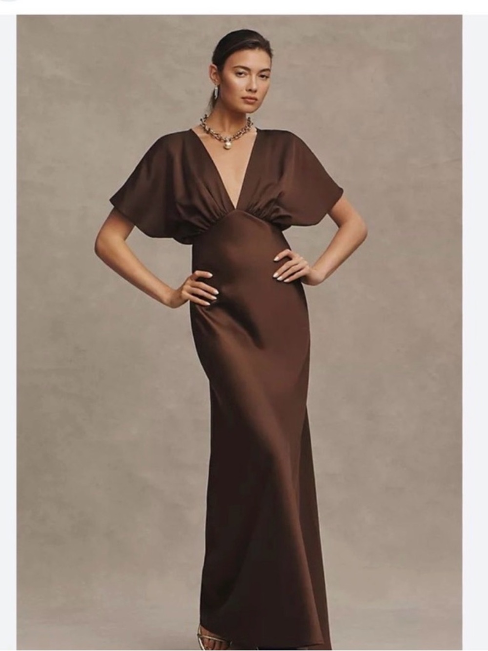 BHLDN Leila Deep-V Flutter-Sleeve Satin A-Line Gown 18W